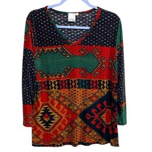 Parsley & Sage Multicolor Boho Patchwork Print Top – Size Large Y2K
